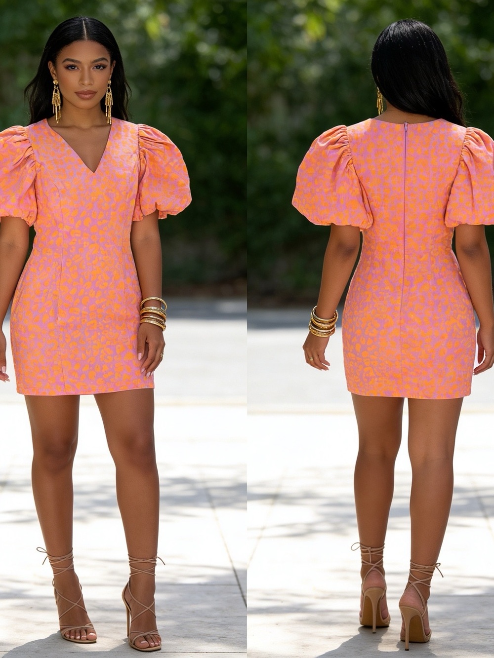 Endless Rose Coral Pink Puff Sleeve V-Neck Mini Dress